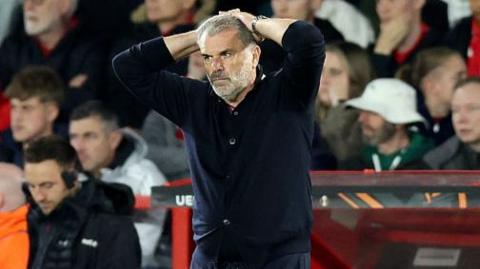 Nottingham Forest Ange Postecoglou shows disappointment on the touchline, with both hands behind his head