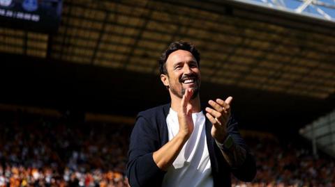 Cesar Peixoto, Manager of Wolverhampton Wanderers celebrates after the Sky Bet Championship 2026/27 match between Preston North End and Wolverhampton Wanderers at Deepdale