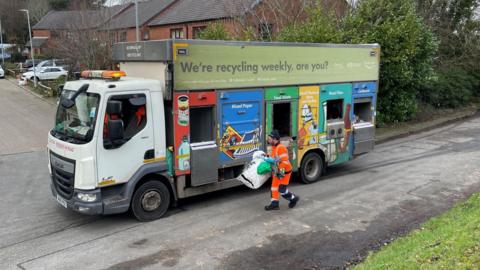 A Suez recycling bin lorry for Calderdale where recycling is collected in different parts of the vehicle.