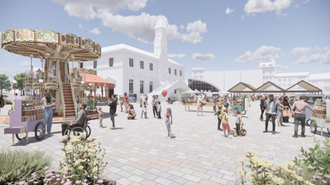 An artists impression of the new look market with people milling in the open spaces outside Wetherspoons