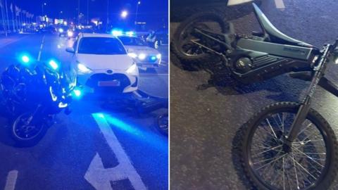 Composite image showing the electric motorcycle on the ground with an unmarked police bike with blue flashing lights and a white car and a police car in the background.