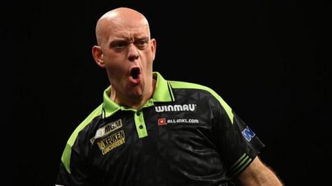 Michael van Gerwen reacts during the Premier League Darts event in Birmingham in May 2026