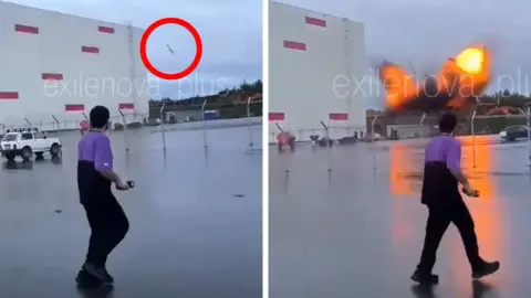 Composite image showing what appears to be a drone falling towards the ground next to a warehouse. It is highlighted by a red circle and there is a person walking in the foreground, looking towards the drone. On the right is an image from moments later, showing the same person looking towards an explosion next to the warehouse
