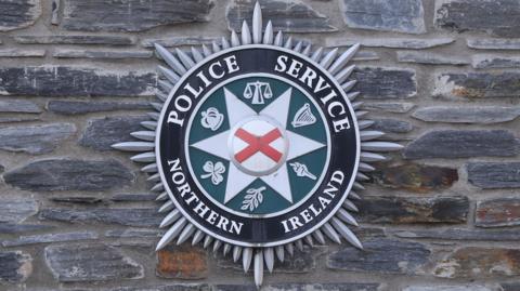 A close up of the Police Service of Northern Ireland crest against a brown brick wall.