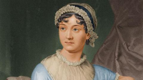 A painting of a woman in a bonnet and an old-fashioned dress looking to the left 