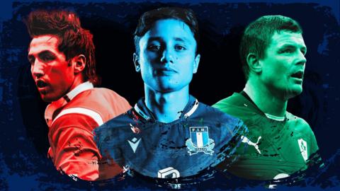 Graphical image of three rugby players - in red, blue and green - facing away from each other