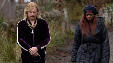 Actor Jack O'Connell and Nia DaCosta on the set of 28 Years Later: The Bone Temple 