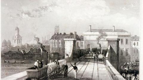 Black and white drawing of the view heading towards Greenwich Station in 1840