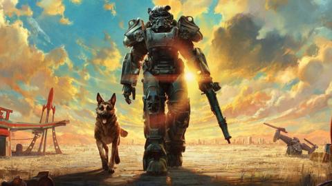 Artwork depicting an armour-suited character patrolling through a post-apocalyptic desert scene, with a German shepherd trotting alongside them. A dramatic sunset fills the landscape behind them, which is dotted with the ruins of buildings.