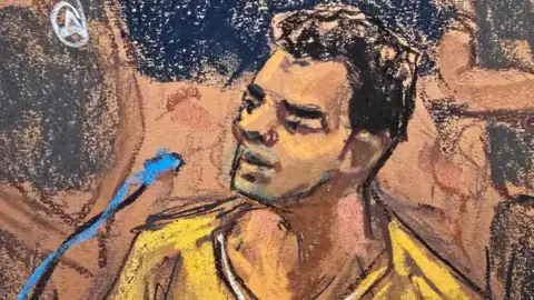 Luigi Mangione speaks during a hearing in his federal murder trial at Manhattan Criminal Court in New York City in this court sketch