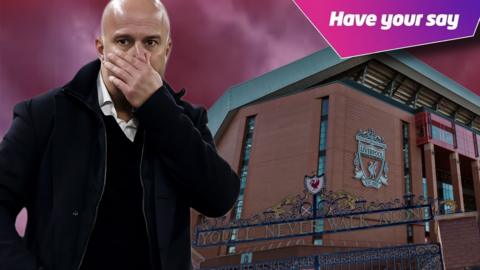Liverpool manager Arne Slot looking worried next to Anfield with stormy skies. 
