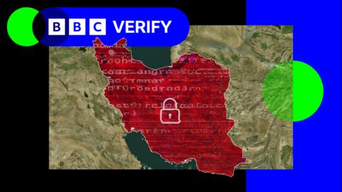 A graphic showing Iran on a map. The country is coloured red with a white padlock icon in the centre. Behind the padlock are several distorted white letters and characters. The BBC Verify logo is in the top left.