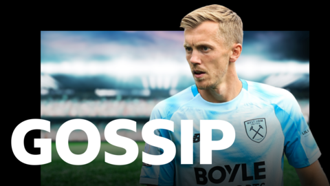 James Ward-Prowse, wearing West Ham United's sky blue away shirt. He appears on BBC Sport's gossip column graphic which has 'gossip' written in white letters on top of a blurred out floodlit football stadium