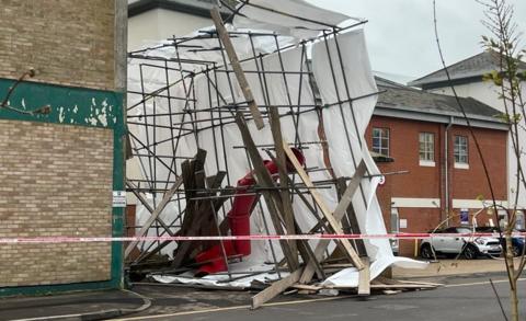 Scaffolding collapsed at the rear of a shop in Chandos Road in Worthing in high winds