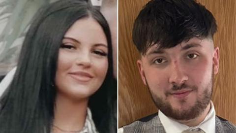 A picture of Mia Keevan, she is looking to camera wearing a light coloured top. She is wearing a necklace with long black hair. In a separate image on the right hand side there is a close up photo of Trae Keenan, he has dark hair and a short dark beard and is looking at the camera. He is wearing a a grey checked waistcoat over a white shirt.