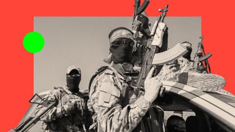A Hamas member holding a rifle gun
