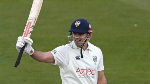 David Bedingham celebrates reaching a century against Essex earlier in the season