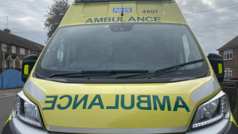 A front view of an NHS ambulance