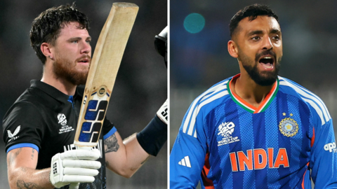 Finn Allen (left) has scored 289 runs at the T20 World Cup while Varun Chakravarthy (right) has 12 wickets