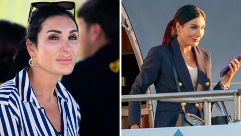 Left, a woman with dark hair and thick eyebrows looks at the camera. Right, she steps off a plane carrying a phone and wearing a blue blazer.