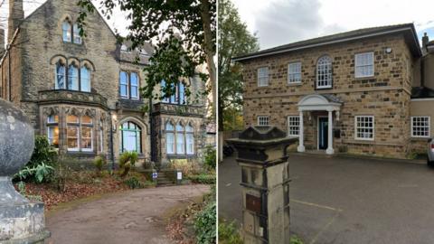 A composite image of two care homes. The photo on the left shows large old brick building at the end of a driveway. The front garden is full of trees and lights can be seen through the large front windows. The photo on the right is a two-storey modern building with hints of Georgian architecture.