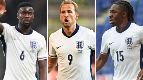 Split image of Marc Guehi, Harry Kane and Eberechi Eze