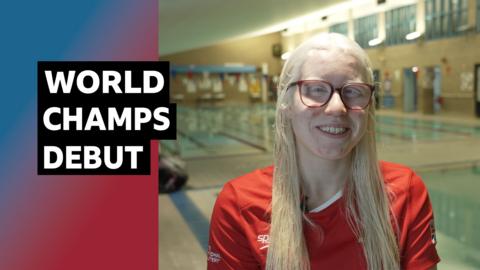 Ela Letton-Jones pictured at a simming pool along with a graphic "World Champs Debut"