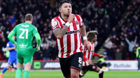 Gustavo Hamer celebrates scoring Sheffield United's second goal against Birmingham City