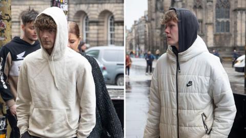 A composite of two pictures. The left picture shows a young man outside court wearing a cream hoodie with the hood up. He has curly brown hair worn in a long fringe. His hands are in his pockets. The right photo is of another young man wearing a cream Nike puffer jacket over a dark hoodie, again with the hood up. He has fair curly hair worn in a long fringe.