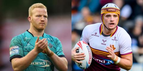 Matty English on the left, clapping supporters while wearing the away kit; on the right-hand side, wearing a scrum cap and carrying the rugby ball in his right hand is George Flanagan Jr 