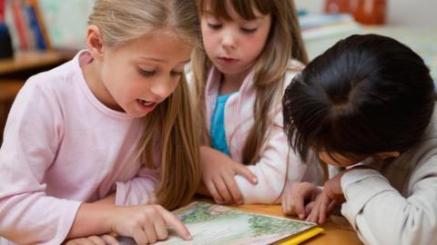 Three primary school pupils looking at the same book on a table.