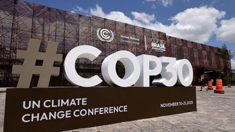  The COP30 logo is seen in front of the central building ahead of the COP30 Brazil Amazonia 2025 on November 3, 2025 in Belem, Brazil.