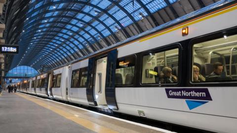 A Great Northern train at the platform at King's Cross station.