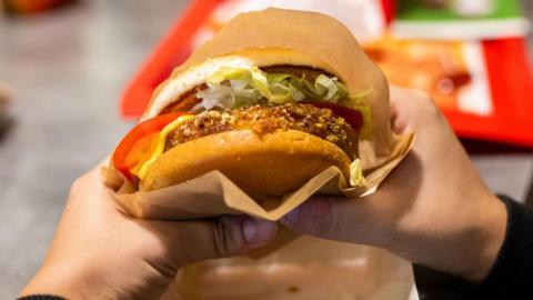 A person holds a McDonald's burger