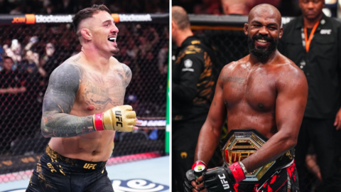 Tom Aspinall is pictured left and Jon Jones, right, celebrates after beating Stipe Miocic at UFC 309