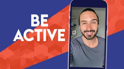 Joe Wicks on a mobile phone screen next to some text saying Be active