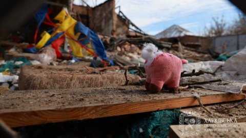 A soft toy is seen among the wreckage of a house in the north-eastern Ukrainian town of Bohodukhiv after a Russian drone strike. Photo: 11 February 2026