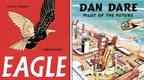 A close up of the front cover of The Eagle comic book that first featured Dan Dare. The cover is bright and colourful, with a price of three pence for the issue.