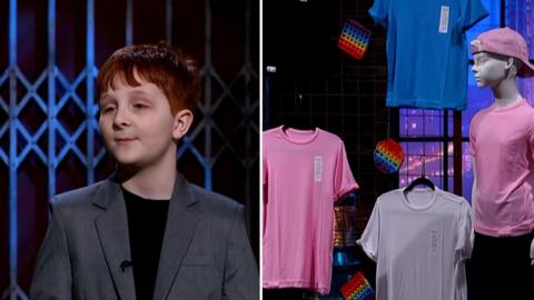 A young boy wearing a suit on the left and different coloured tshirts hanging on mannequins on the right