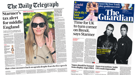 The front pages of the Daily Telegraph and the Guardian