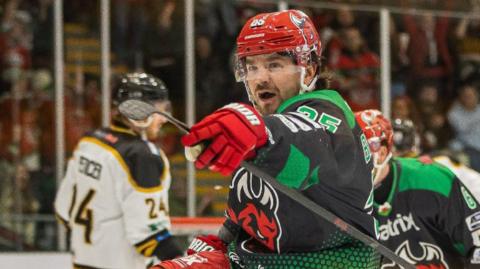 Riley Brandt celebrates after scoring for Cardiff Devils against Nottingham Panthers