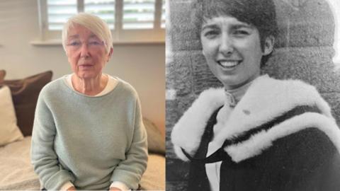 Pauline Collier on the left as an 80-year-old woman and on the right as a young woman in a black and white photo in what appears to be a graduation gown.