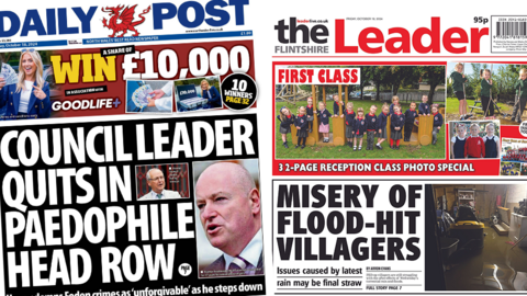 Front pages of the Daily Post and the Flintshire leader. There are photos of Neil Foden and the Gwynedd council leader on the post and a flooded building on the Leader front