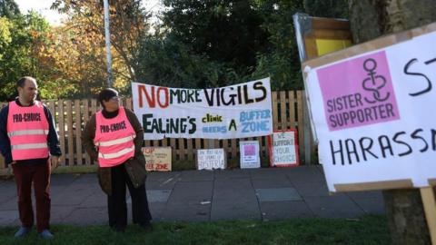 Banners backing a buffer zone around abortion clinics