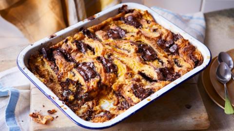 Chocolate croissant bread and butter pudding