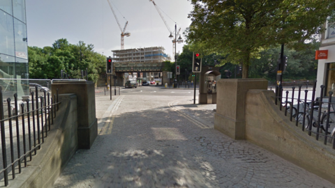 A Google Map image of the approach to the junction of Staines High Street and Mustard Mill Road and South Street.