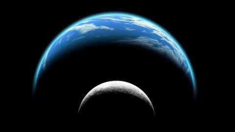The Moon pictured in front of the Earth, as viewed from space