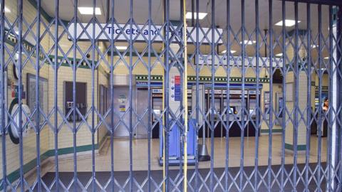 Shutters down at entrance to Russell Square Tube station