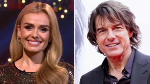 A comp image, a woman with long blonde hair, on the left, smiling at the camera and wearing a gold dress. On the right, a dark haired man, smiling, wearing a dark shirt and jacket