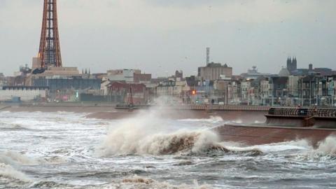 Strong winds whipping up waves at Blackpool